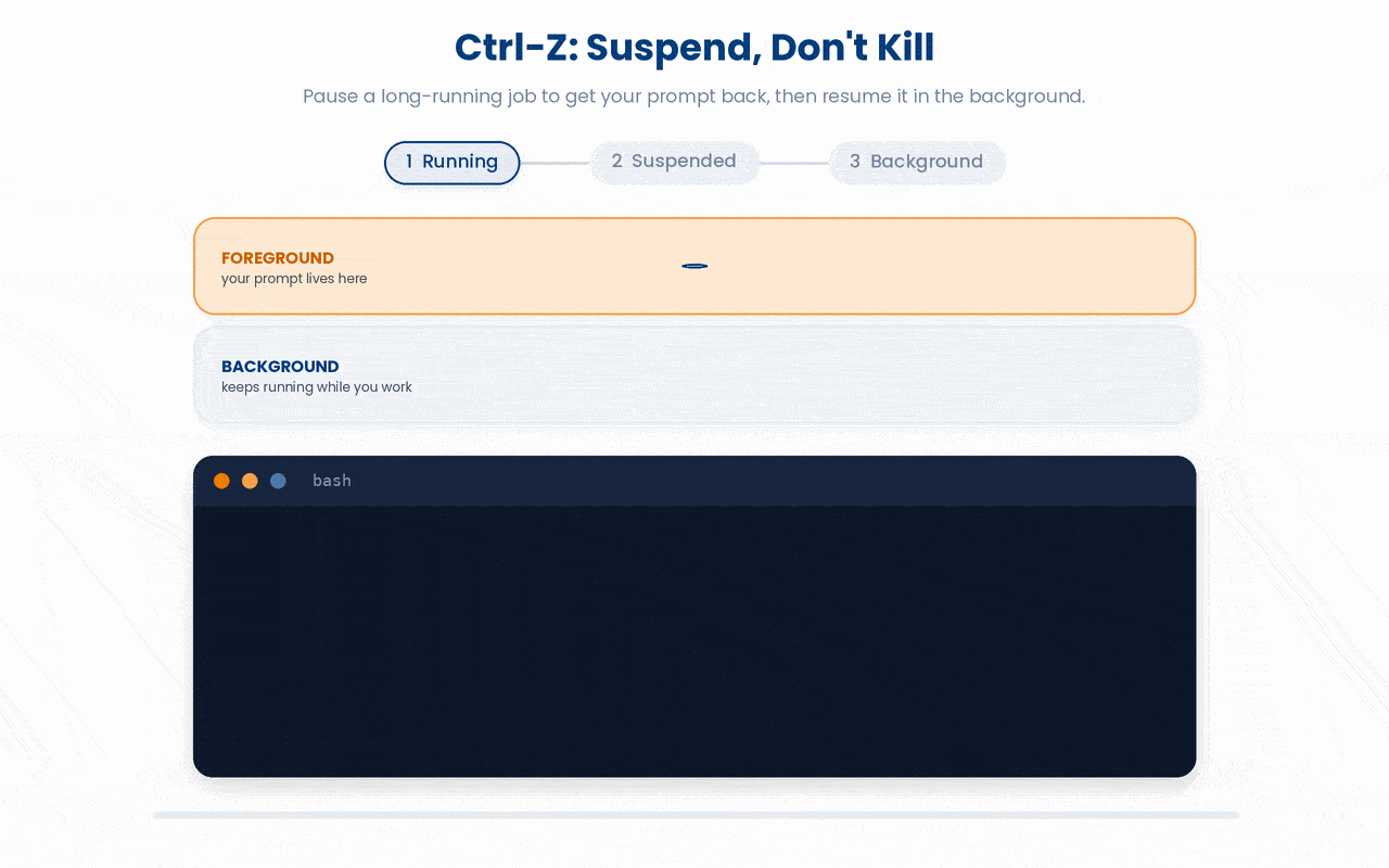 Ctrl-Z does not kill a foreground job, it pauses it and hands your prompt back, so you can then use bg to let the same job keep running in the background while you work.