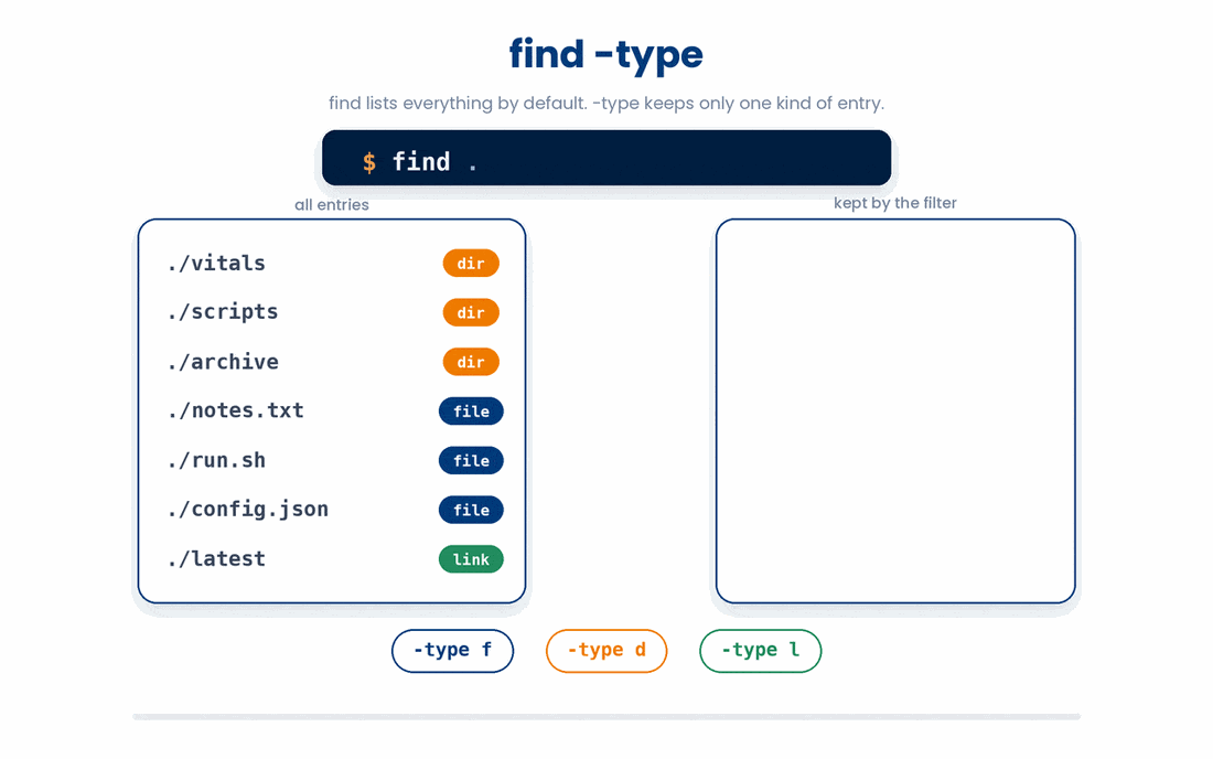 find returns every entry by default, and -type narrows the results to a single kind of entry, whether files, directories, or symbolic links.
