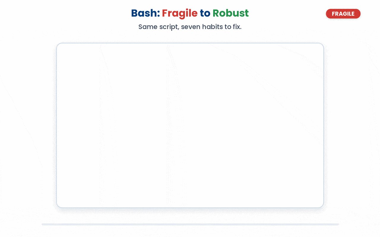 Seven small Bash habits (quoting, braces, local, $(), shebang, input checks, line-per-command pipelines) are each tiny in characters but together separate a fragile script from a reliable one.