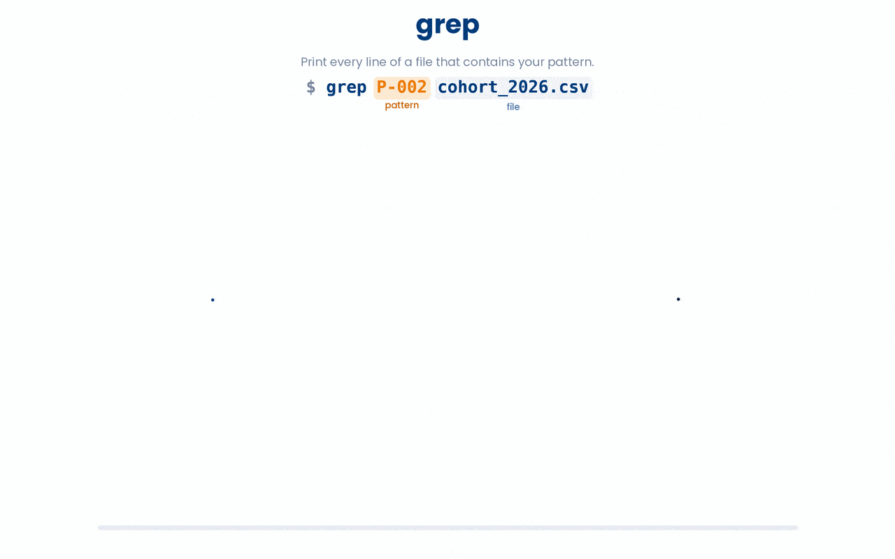 grep walks a file one line at a time and prints back every line that contains your pattern, discarding all the rest.