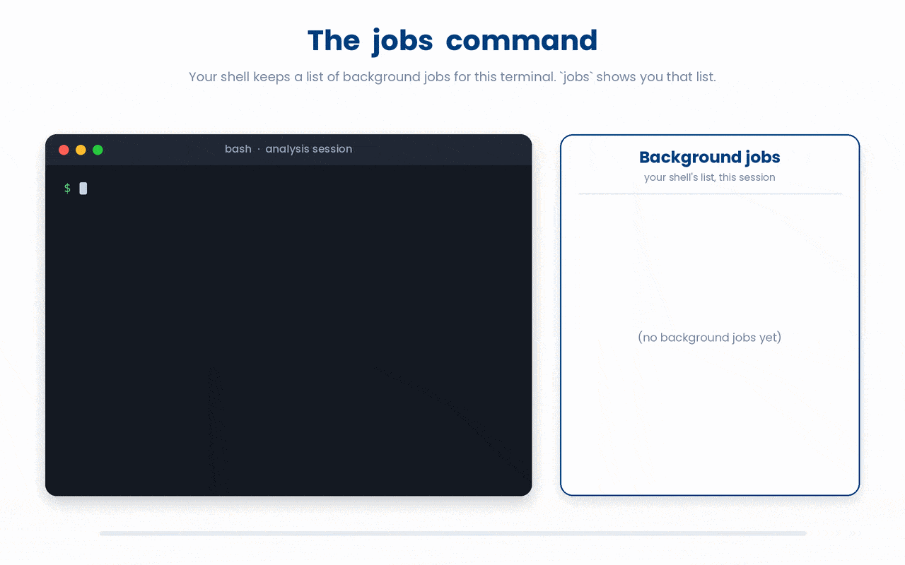 The jobs command prints the shell's private list of background tasks for the current terminal, where appending & adds an entry, and each line reports that task's job number, its current (+) or previous (-) marker, and its run state.