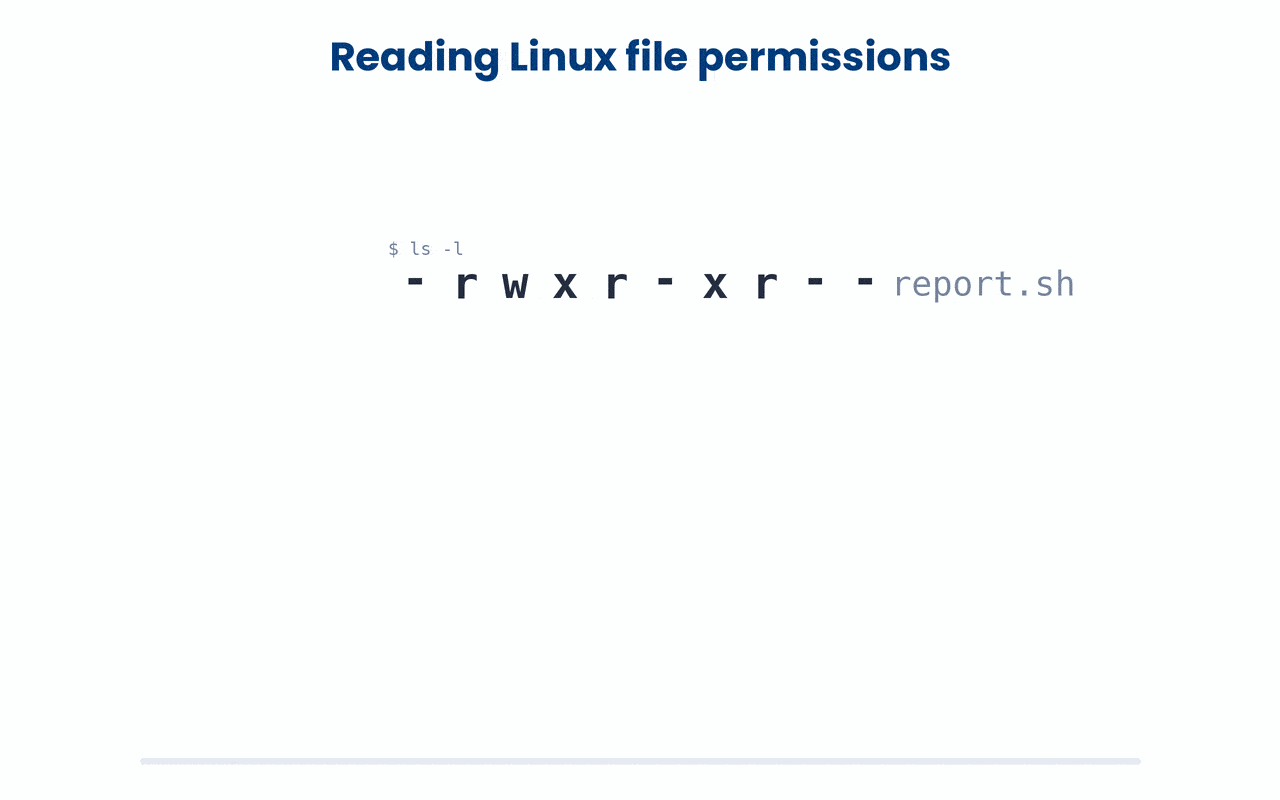 A Linux permission string is not line noise but a position-based grid, where the first character is the file type and the next nine pack three audiences (owner, group, others) each against the same three actions (read, write, execute).