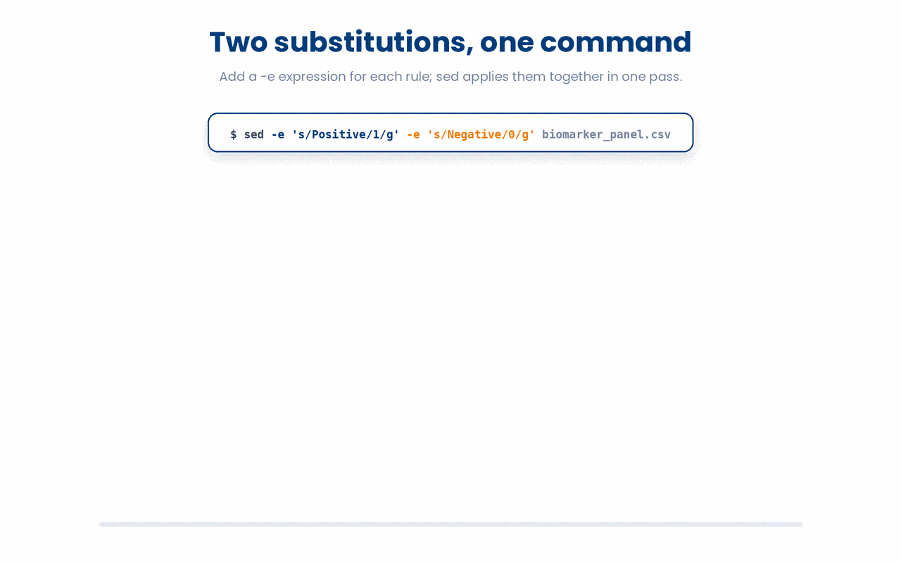 Multiple -e expressions stack into a single sed command so several substitutions apply in one line-by-line pass over a file.