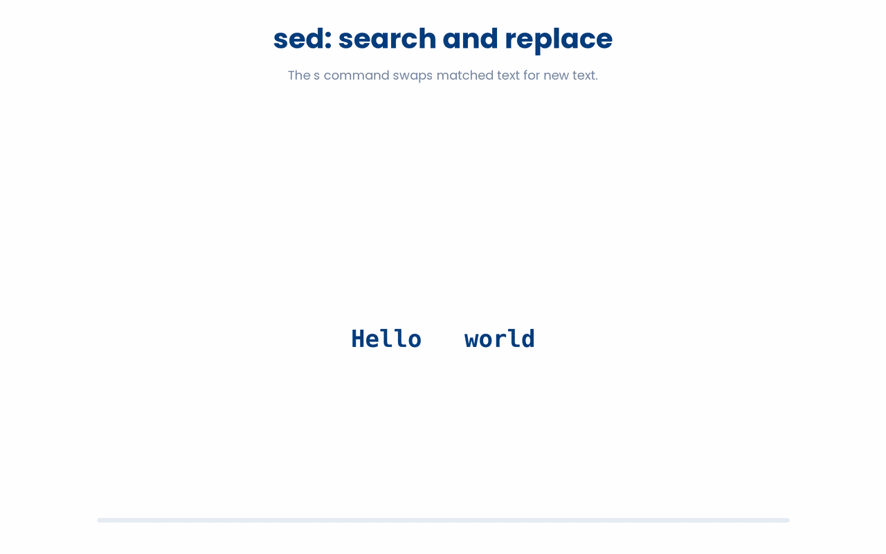 The sed s command performs a search-and-replace using the form s/pattern/replacement/, so s/world/bash/ turns Hello world into Hello bash.