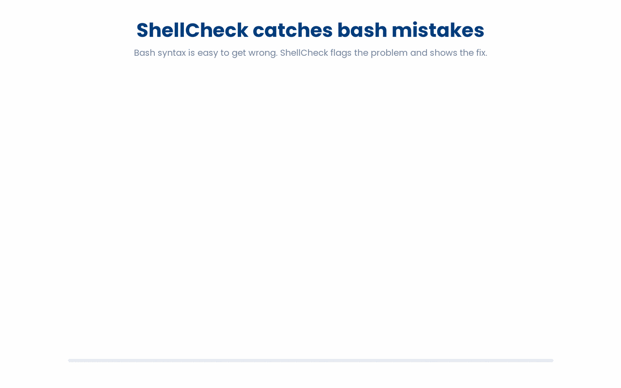 ShellCheck analyses a bash script, pinpoints an unquoted variable that is vulnerable to word splitting and globbing, and prescribes the exact remedy of wrapping it in double quotes.