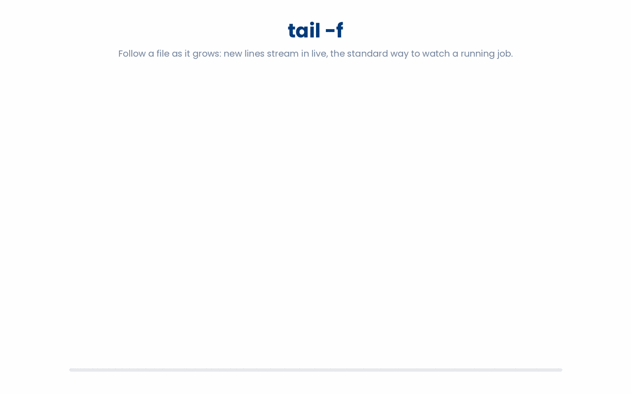 Adding -f keeps tail attached to a file and prints new lines as they are written, so you can watch a running job's log live until you stop with Ctrl+C.