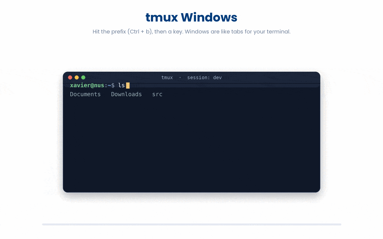 In tmux, a session holds multiple windows shown as numbered tabs in the status bar, and a prefix keypress (Ctrl + b) followed by one key lets you create, move between, jump to, rename, and list them.