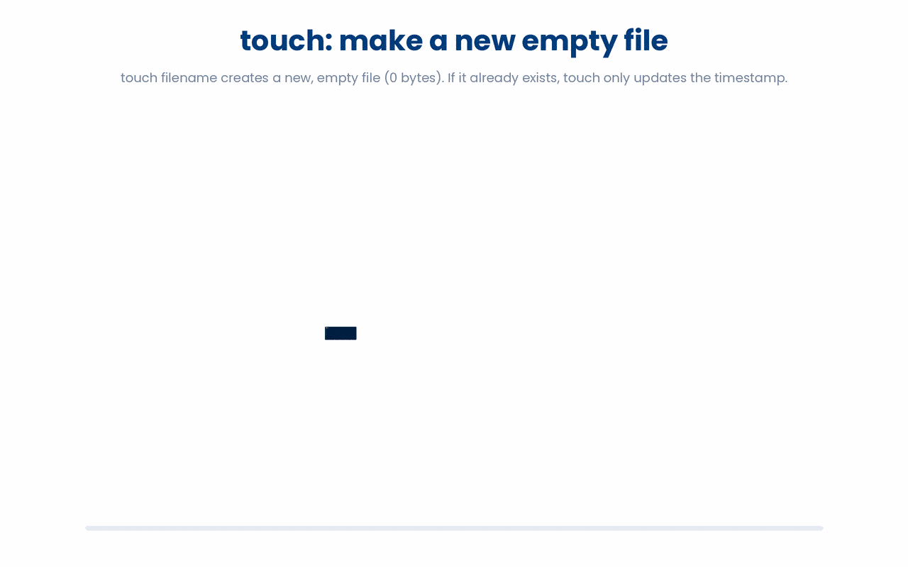 Running touch with a filename brings a brand-new file into existence that contains nothing at all (0 bytes), and ls -lh confirms it is there with a size of zero.