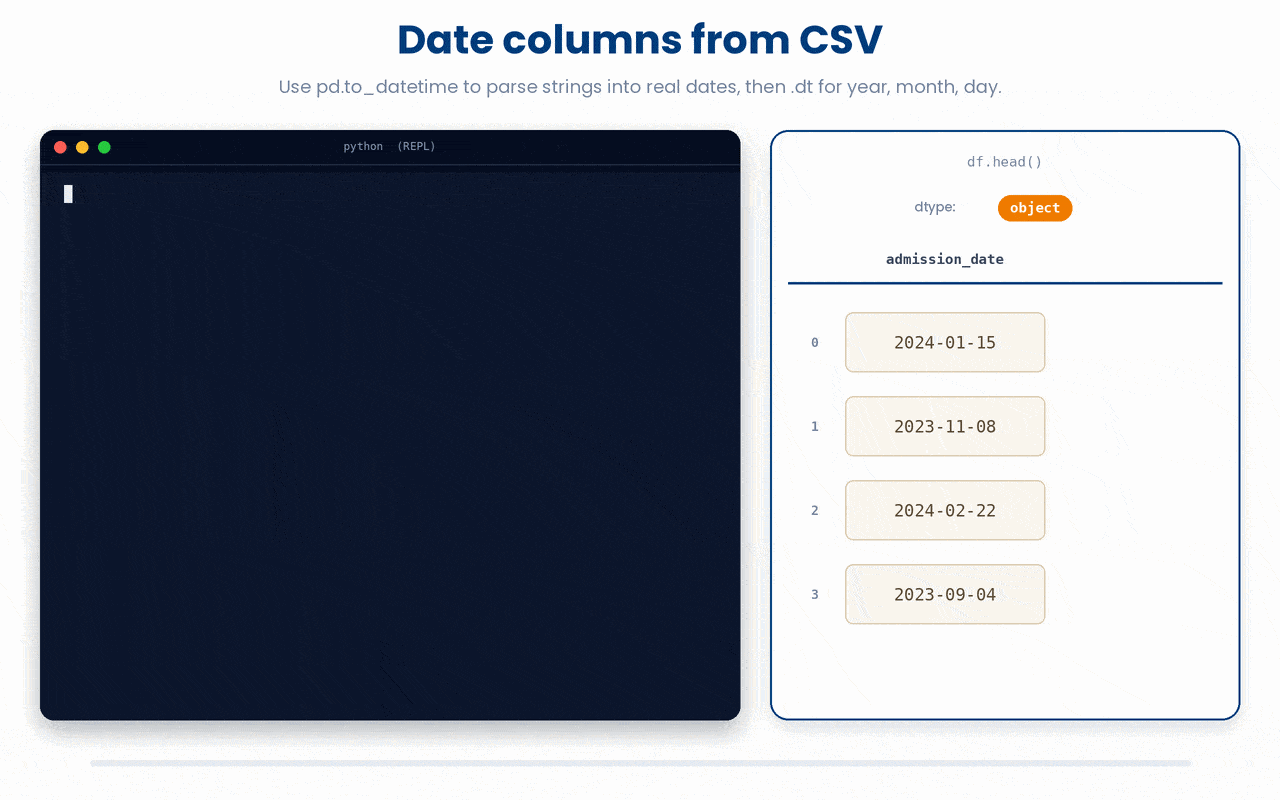 Parsing a string date column in pandas into proper datetimes with pd.to_datetime, then using the .dt accessor to extract the year.