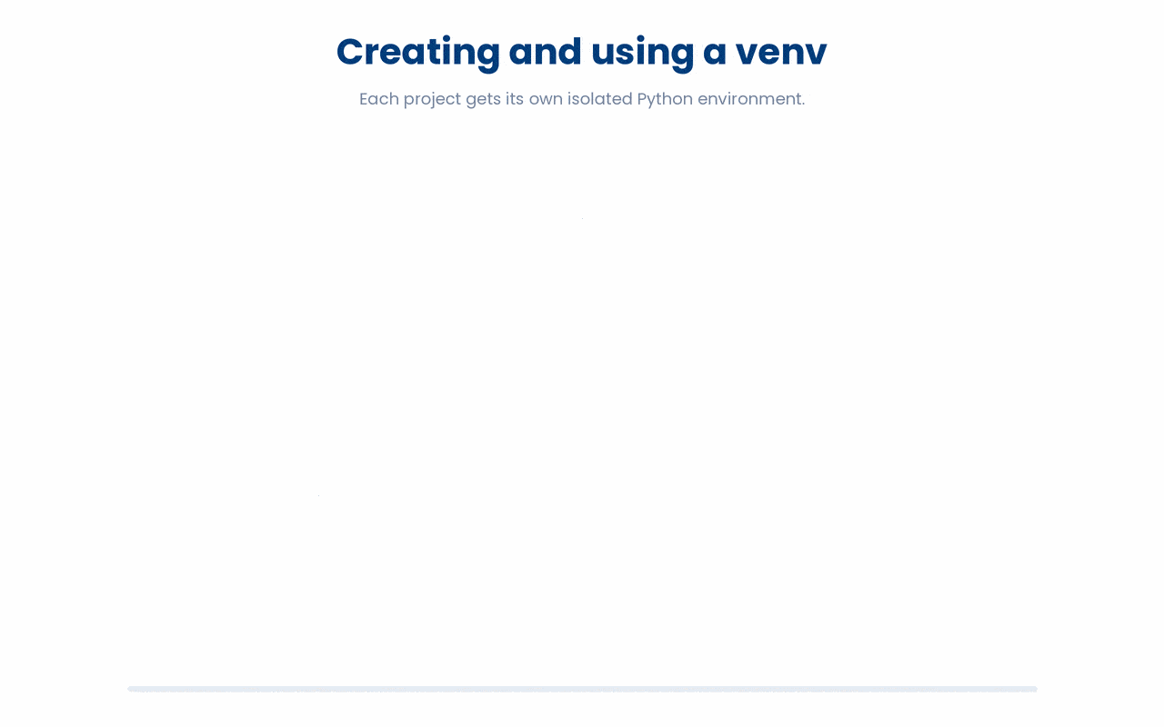 Creating and activating a Python virtual environment with venv, showing how pip install puts packages inside the venv while system Python stays untouched.