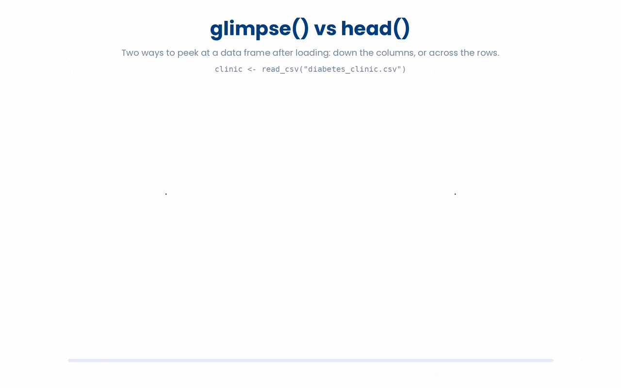 glimpse() and head() are two views of the same loaded data frame, one rotating it so every column and its type runs down the page, the other keeping the table shape to show the first six rows across.