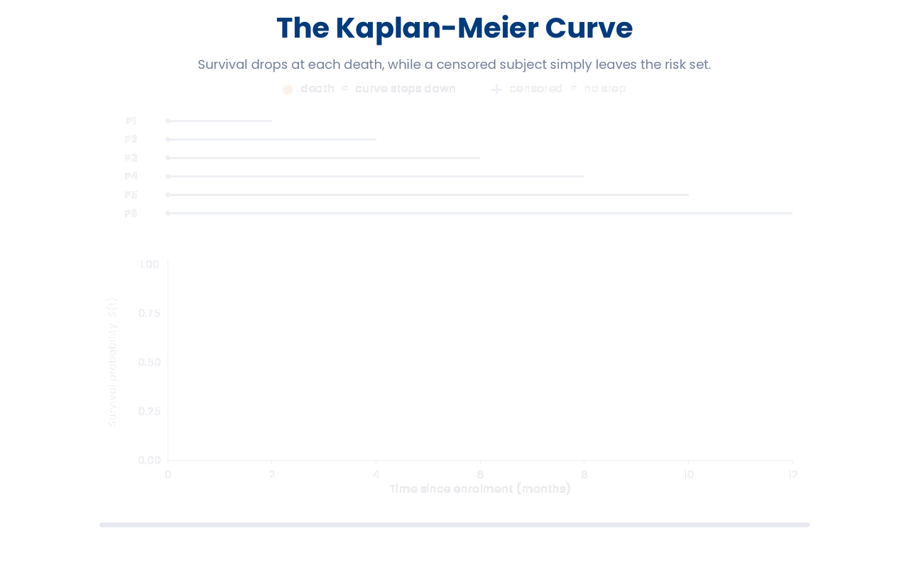 The Kaplan-Meier estimate steps down only when someone dies, by the fraction (n-1)/n of those still at risk, while a censored subject merely leaves the risk set, so each later death moves the curve more.